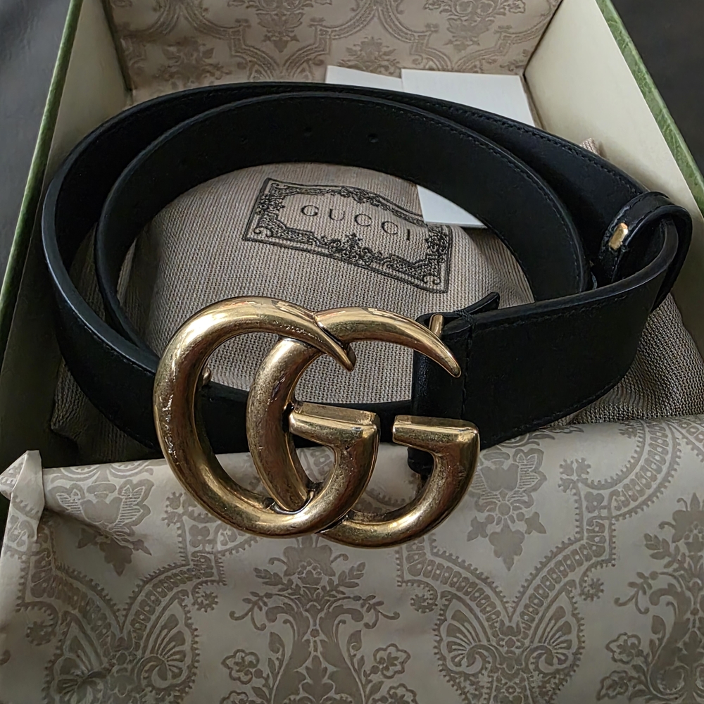 Gucci GG Marmont Black Leather Belt Double G Buckle Size 75/30